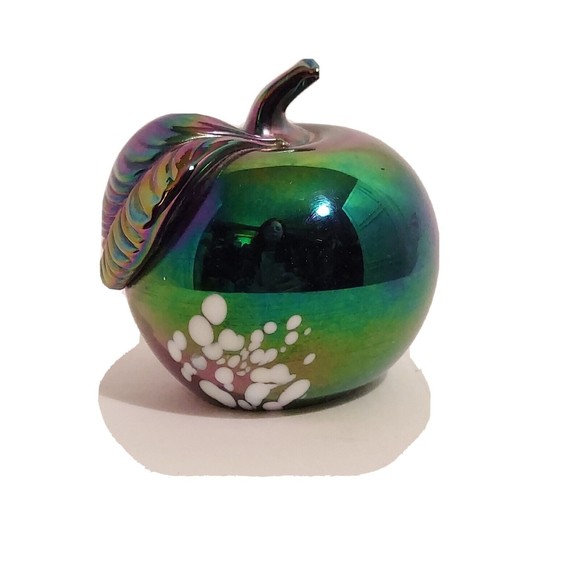 Apple Art Glass Iridescent Oil Slick Paperweight White Splatter Smooth Bottom - Picture 1 of 15